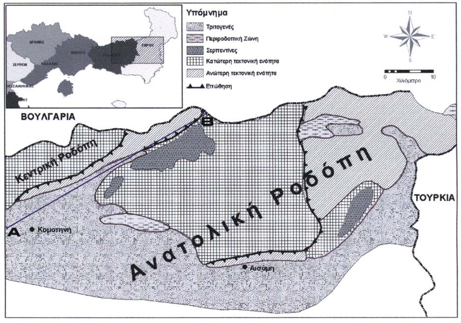 Σχ.3. Απλοποιηµένος γεωλογικός χάρτης της ανατολικής και τµήµατος της κεντρικής Ροδόπης (από Μπόσκο κ.ά. 19