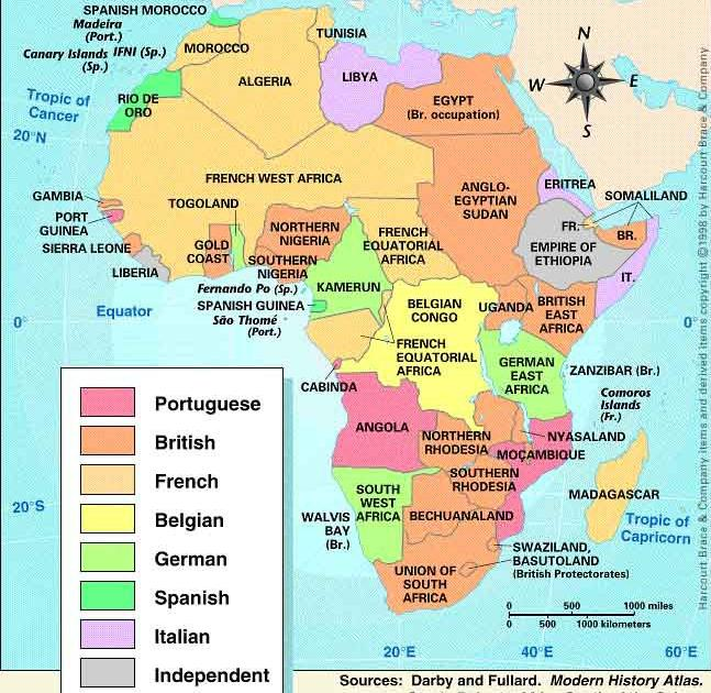 Χάρτης της αποικιακής διαίρεσης της Αφρικής, 1914 Πηγή: Darby and Fullard, Modern History Atlas, Stock, Robert, Africa south of the