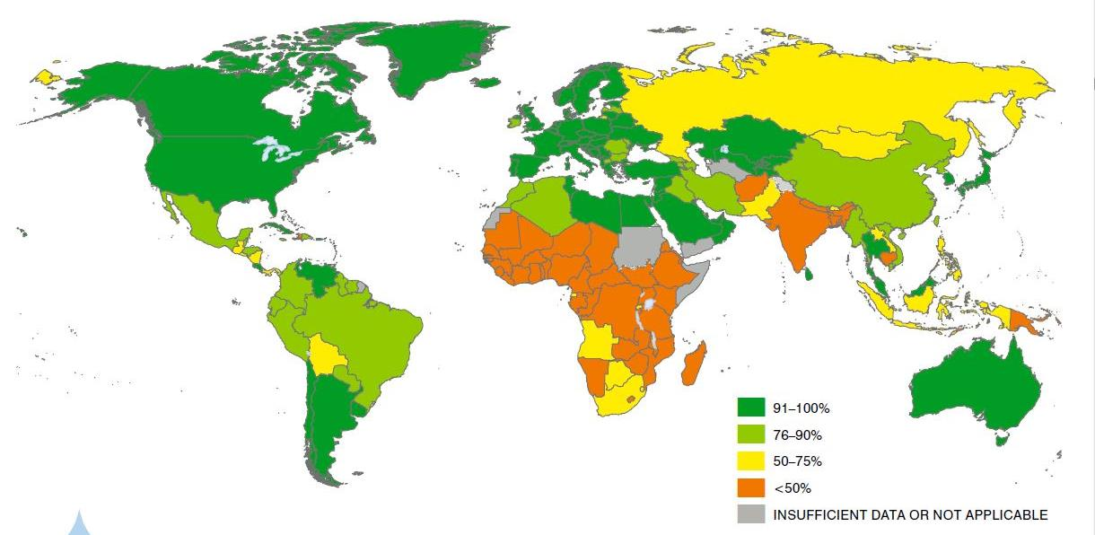 Σχήμα 4: Ποσοστό του πληθυσμού που χρησιμοποιεί βελτιωμένες εγκαταστάσεις υγιεινής το 2015 (WHO/UNICEF, 2015) Παρά το γεγονός ότι οι αστικές περιοχές εμφανίζουν υψηλότερα ποσοστά κάλυψης βελτιωμένων