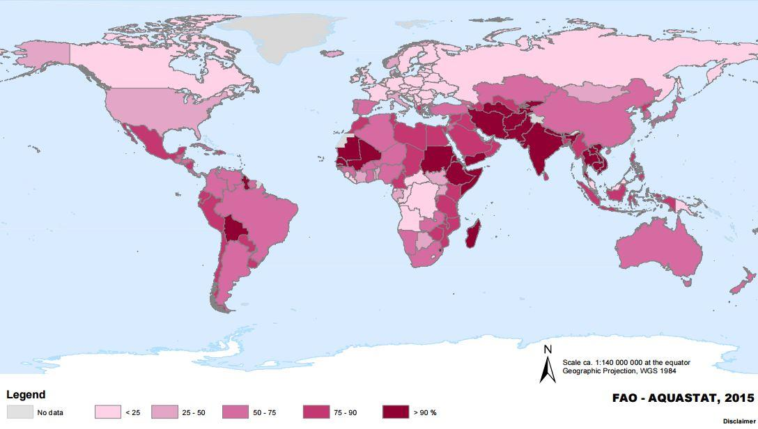 Σχήμα 9: Ποσοστό συνολικής άντλησης νερού για το τομέα της γεωργίας (FAO/AQUASTAT, 2015) Στο Σχήμα 9 παρουσιάζεται μια παγκόσμια εκτίμηση της άντλησης νερού για γεωργική χρήση ως ποσοστό της