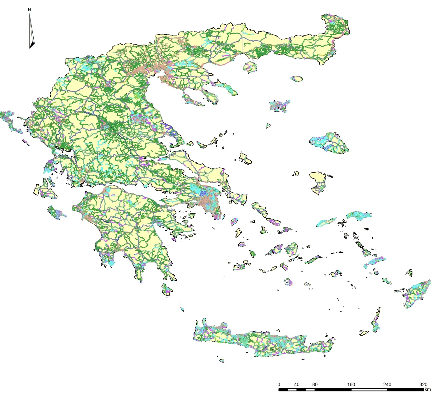 36 Εικόνα 9, Δεδομένα οδικού δικτύου OSM για το σύνολο της ελληνική επικράτειας. Οι διαφορετικοί χρωματισμοί υποδεικνύουν τους τύπους του οδικού δικτύου. (ΓΣΑ: WGS 84, Δεδομένα: 13.12.