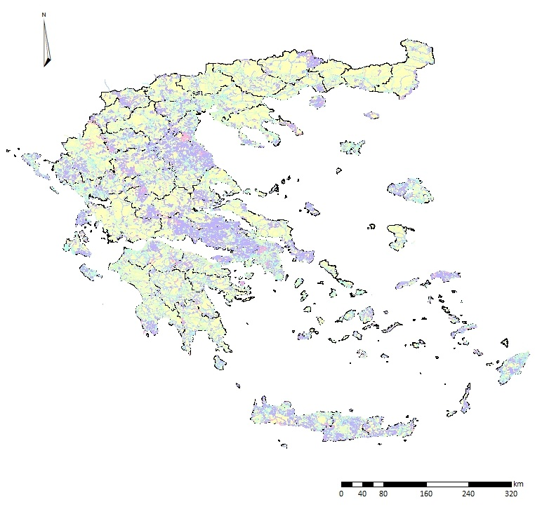 44 Εικόνα 10, Δεδομένα οδικού δικτύου OSM για το σύνολο της ελληνική επικράτειας. Οι διαφορετικοί χρωματισμοί υποδεικνύουν τους τύπους του οδικού δικτύου.