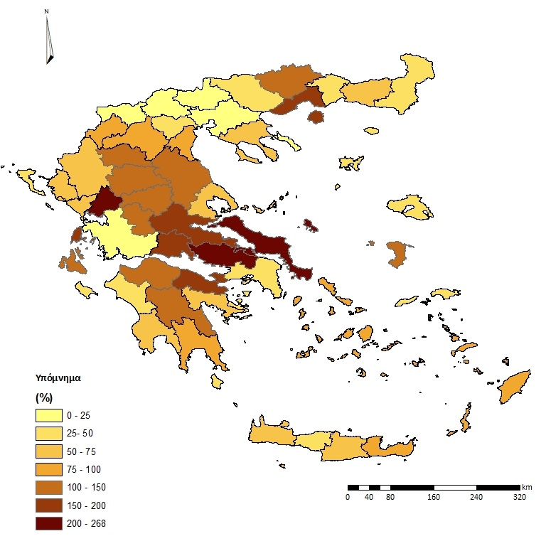 48 Εικόνα 11, Διαφοροποίηση των δεδομένων οδικού δικτύου OSM για το σύνολο της ελληνική επικράτειας από το 2011 έως το 2014. Οι διαφορετικοί χρωματισμοί υποδεικνύουν το ποσοστό διαφοροποίησης (%).