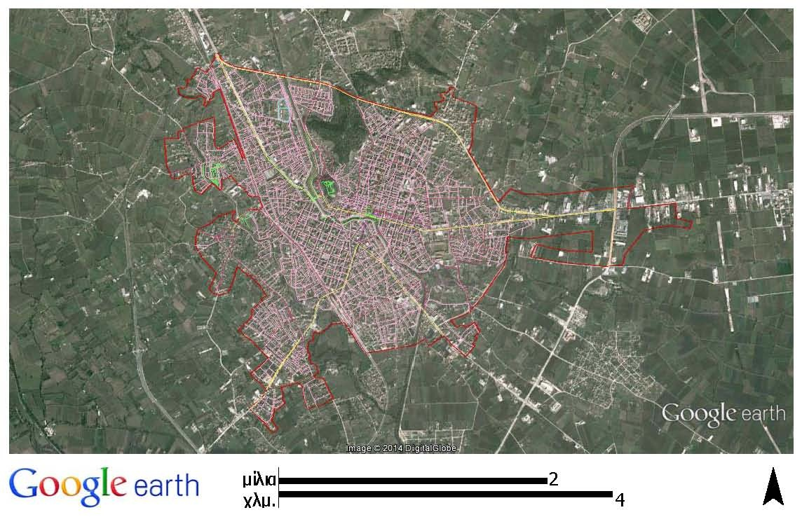 Εικόνα 16, Δεδομένα οδικού δικτύου OSM για την πόλη των Τρικάλων με υπόβαθρο την Δορυφορική Απεικόνιση της εφαρμογής GoogleEarth.