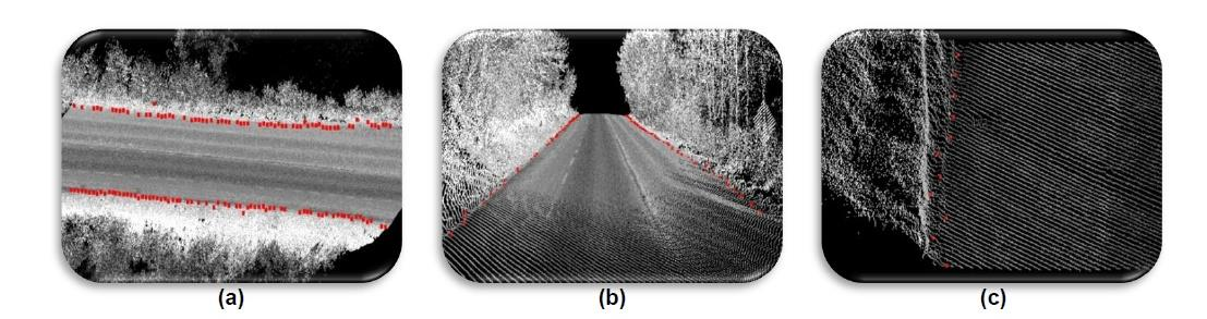 Πηγή 20: (Elhinney, Kumar, Cahalane, & McCarthy, 2010) Εικόνα 33: Εξαγωγή των ακμών του δρόμου περίπτωση επαρχιακής οδού (a) κάτοψη του δρόμου (b) προβολή κατά μήκος της οδού (c) μεγέθυνση στην ακμή
