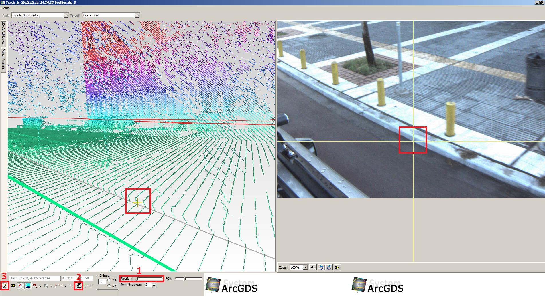 [Αποτελέσματα Προϊόντα Αποτύπωσης] Ανοίγοντας το νέφος σημείων, εμφανίζονται δύο πάραθυρα, στο αριστερό φαίνονται τα δεδομένα Lidar και στο δεξί η εικόνα που έχει ληφθεί για την αντίστοιχη θέση