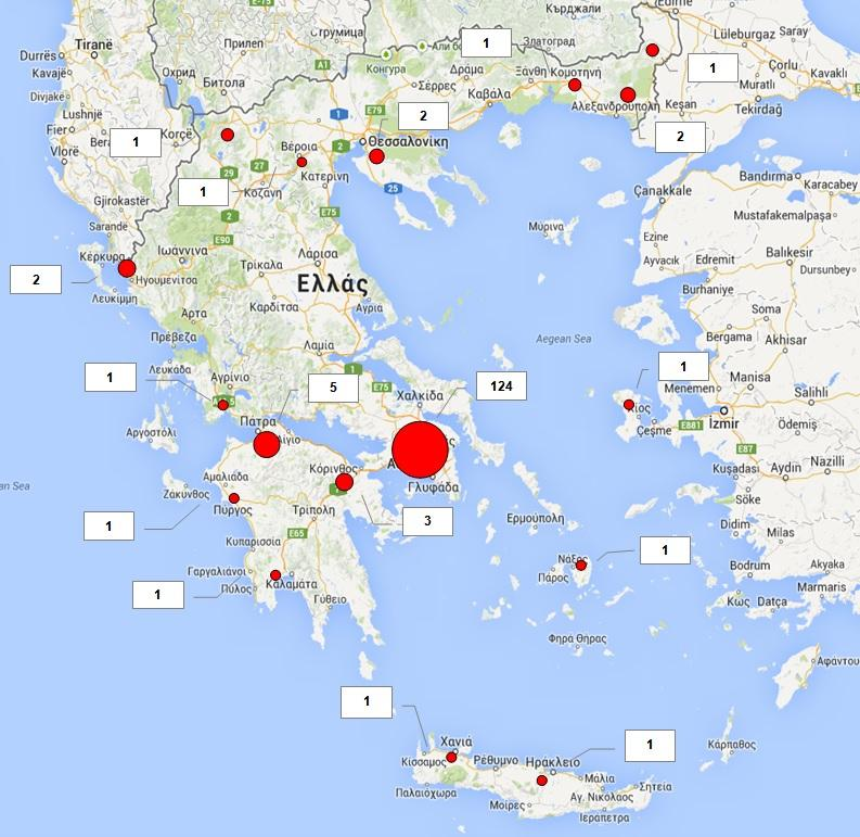 Γεωαπεικόνιση 1. Περιστατικά ακραίας αστυνομικής συμπεριφοράς ανά την Ελλάδα (2009 Οκτώβριος 2013) Ν. Αττικής 124 83% Ν. Αχαΐας (Πάτρα Κ. Αχαΐα) 5 3% Ν. Έβρου (Σουφλί Ορεστιάδα) 3 2% Ν.