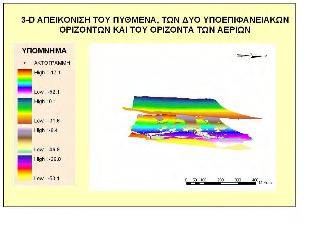 Αποτελέσµατα - Συµπεράσµατα Χάρτης 4.1.15: 3D απεικόνιση του πυθµένα, των δύο υποεπιφανειακών οριζόντων και του ορίζοντα των αερίων στον λιµένα του Αιγίου Άποψη III. 4.2 Γεωλογική υποδοµή του πυθµένα 4.