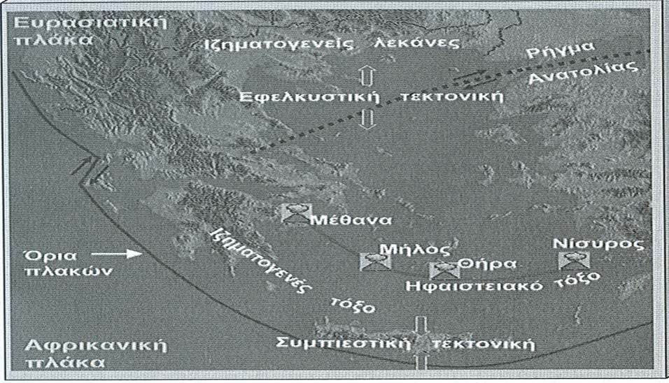 2.3. Γεωθερμικές συνθήκες στο ηφαιστειακό τόξο του νοτίου Αιγαίου Η σύγκρουση των λιθοσφαιρικών πλακών και συγκεκριμένα η βύθιση της Αφρικανικής κάτω από την Ευρασιατική πλάκα στο Αιγαίο (Σχήμα 2.