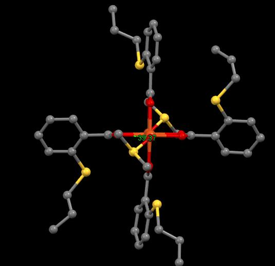 Различите позиције аксијалног DMSO лиганда у полиморфу I (лево) и II (десно) које се виде из вредности O2 Cu1 O3 S2 торзионог
