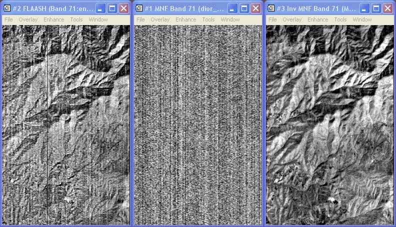 τον αντίστροφο μετασχηματισμό MNF. Η απώλεια γραμμής και ο φασματικός θόρυβος της αριστερής εικόνας, διορθώνονται στη δεξιά εικόνα. Εικόνα 4.
