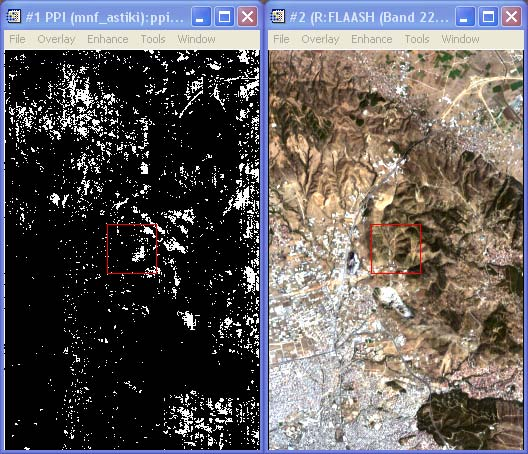 Εικόνα 5.1 Αριστερά: Εικόνα PPI για το τμήμα αστικής περιοχής της εικόνας Hyperion. Οι φωτεινές ψηφίδες της εικόνας PPI είναι οι φασματικά οριακές ψηφίδες.