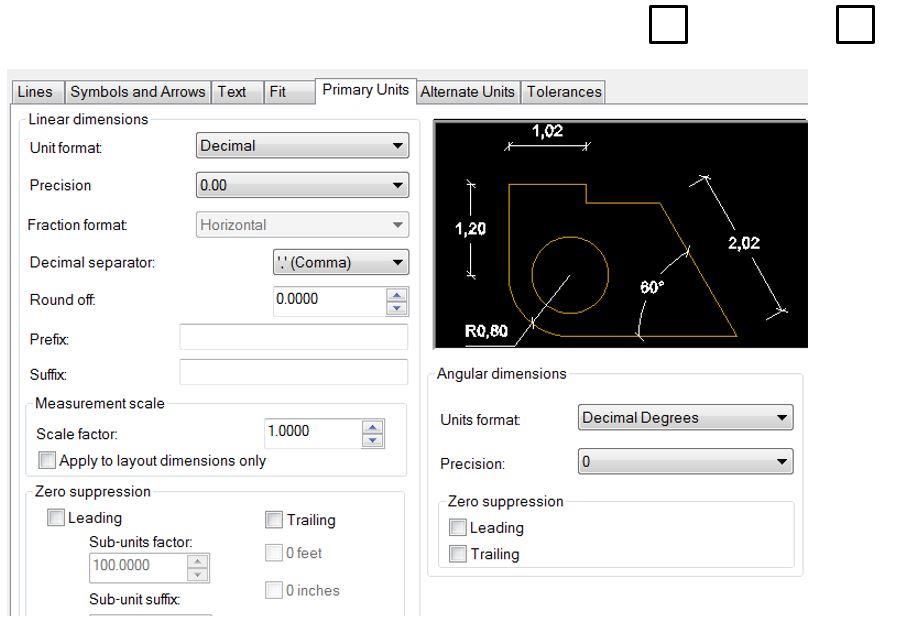 Η εντολή Dimension 7/9 Από την επιλογή Primary Units (μονάδες) τις παρακάτω επιλογές [Precision