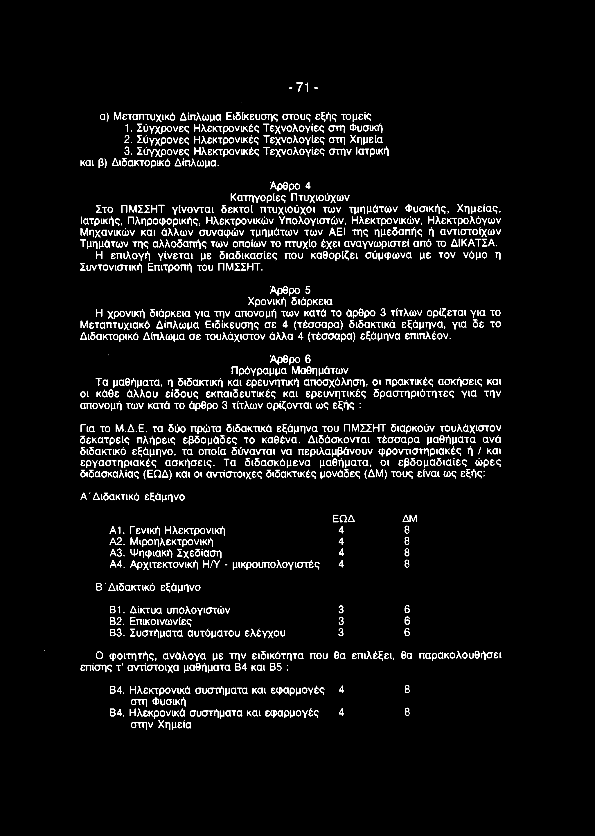 - 71 - α) Μεταπτυχικό Δίπλωμα Ειδίκευσης στους εξής τομείς 1. Σύγχρονες Ηλεκτρονικές Τεχνολογίες στη Φυσική 2. Σύγχρονες Ηλεκτρονικές Τεχνολογίες στη Χημεία 3.