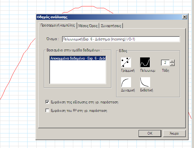 από το μενού «Ανάλυση» και επιλέγουμε, Προσαρμογή καμπύλης Πολυωνυμική -τάξη 2 - όπως