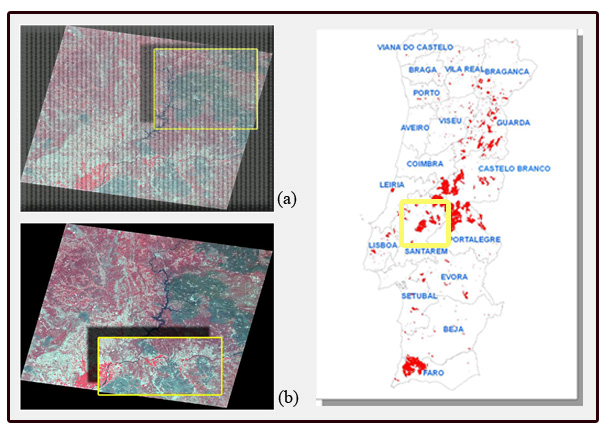 Chapter 5 Figure 5.2 LEFT: Burned areas (b) located on the same ASTER image as the one used for the development of the model (a), (see Chapter 4).