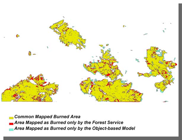 Chapter 5 Figure 5.4 Top: Burned area classification result of the implementation of the object-based classification model (in grey) and the official fire perimeter (in red).