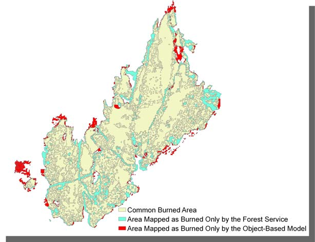 Chapter 5 Figure 5.6 LEFT: Burned area classification result of the implementation of the object-based model on the second ASTER image (in grey) and the fire perimeter (in red).