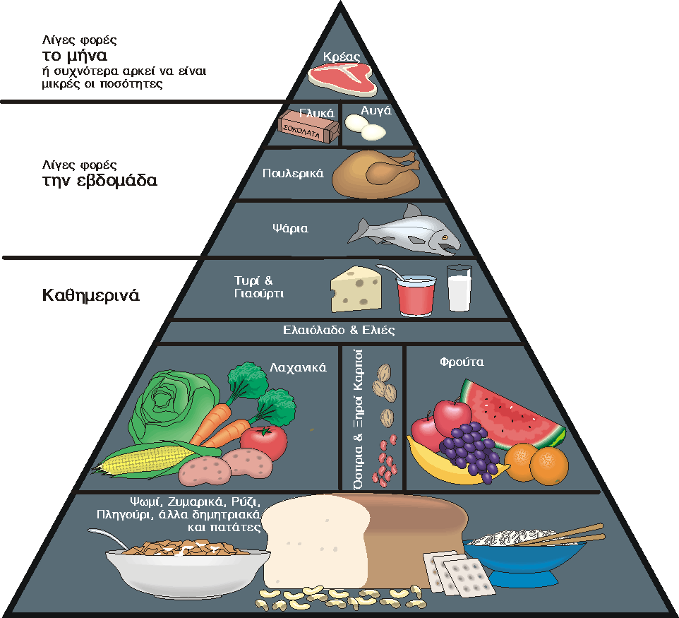 Η Πυραµίδα της Μεσογειακής ιατροφής Συµπεράσµατα Οι Έλληνες, παρά την αλλαγή του τρόπου ζωής µας (συνεχές ωράριο, περισσότερες ώρες εργασίας, κ.λπ.