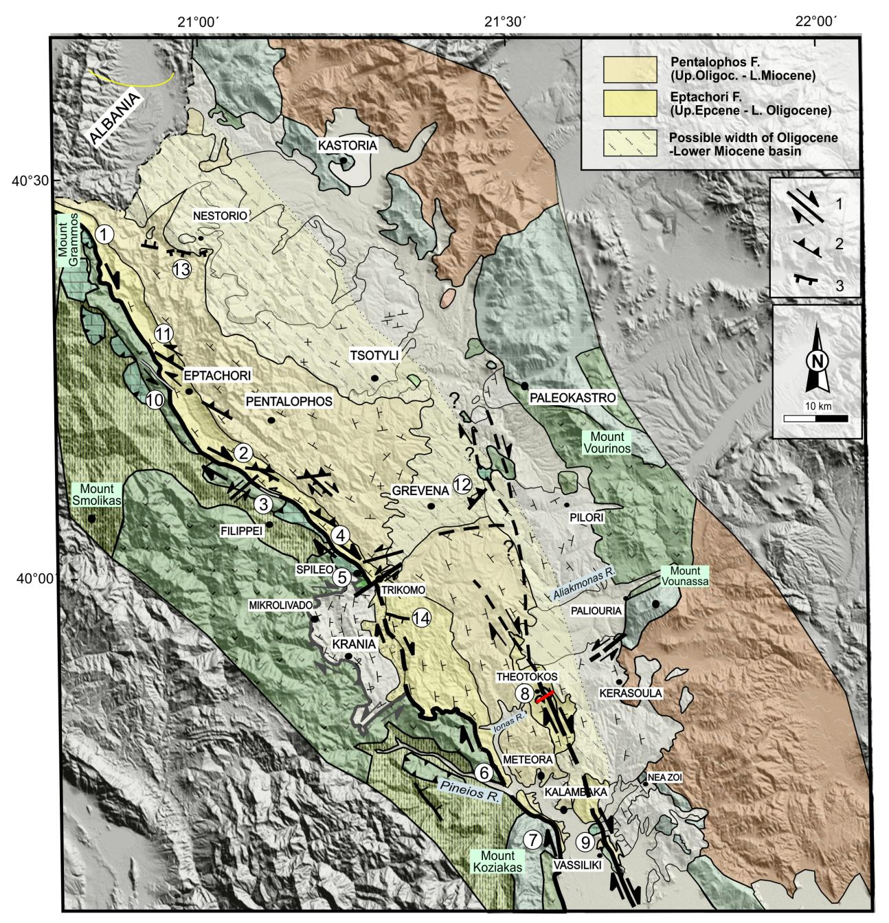 Fig 29. Eptachori and Pentalophos formations; the dashed-lined area indicates the possible extension of the basin and depositional area during Oligocene - Lower Miocene.