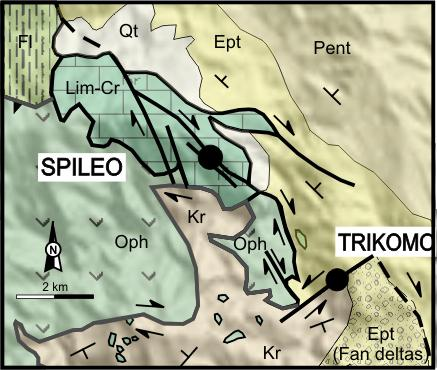 The Cretaceous carbonates at village Spileo rise up in a narrow area, subsiding steeply on both sides, west and east, where Krania and Eptachori formations are respectively deposited (number 5 in Fig.