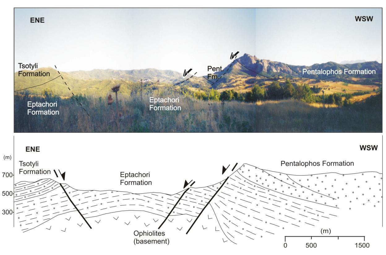 account for the direct juxtaposition of the Tsotyli with the Eptachori Formation, caused by the lowering of the eastern region and erosion of the overlying Pentalophos Fm (Vamvaka et al., 2006).