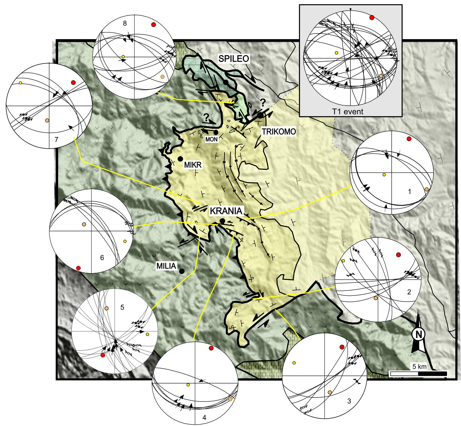 Fig. 41. Northern Krania sub-basin, where the strike and dip of Krania strata is shown, as well as the observed structures at the margins and within Krania Fm., related to T1 event.