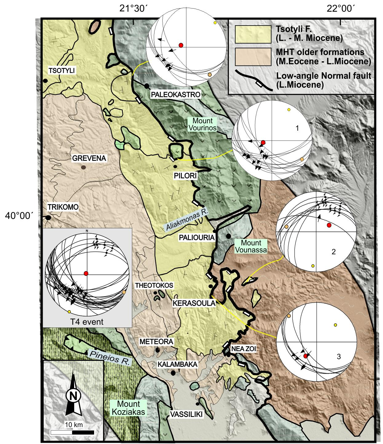 T4 event. The forth tectonic event (T4) is related to the low-angle normal faulting with small strike-slip component along the eastern MHT boundary.