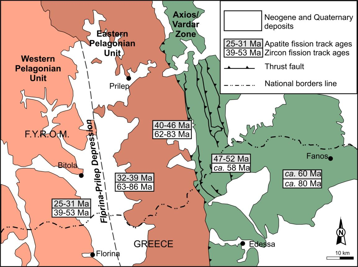 5.2. Thermochronological Data ZFT and AFT ages were published from the Pelagonian microcontinent and the adjacent parts of the Axios (/Vardar) Zone in northernmost Greece (region of Macedonia) and