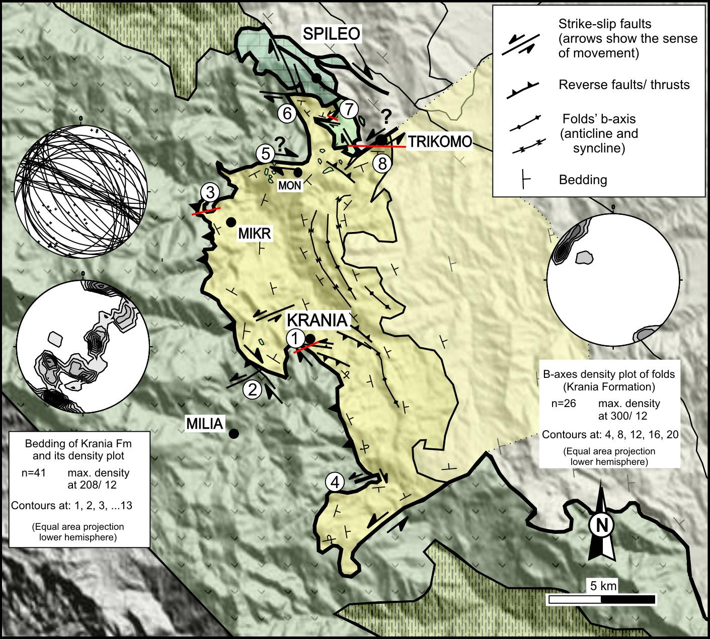 Fig. 20. Northern Krania sub-basin, where the strike and dip of Krania strata, and the observed structures are shown.