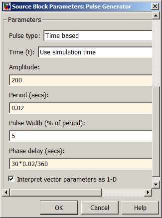 Κάνοντας διπλό κλικ στο block Pulse Generator (ή µε δεξί κλικ > DiscretePulseGenerator Parameters) ανοίγει το παράθυρο µε τις παραµέτρους του block (Εικ. 2.5).