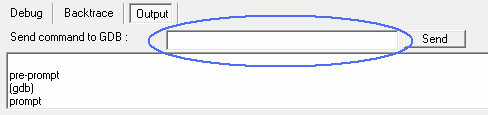 Τέλος, στο tab Output μπορούμε να δώσουμε κατευθείαν εντολές στον gdb.