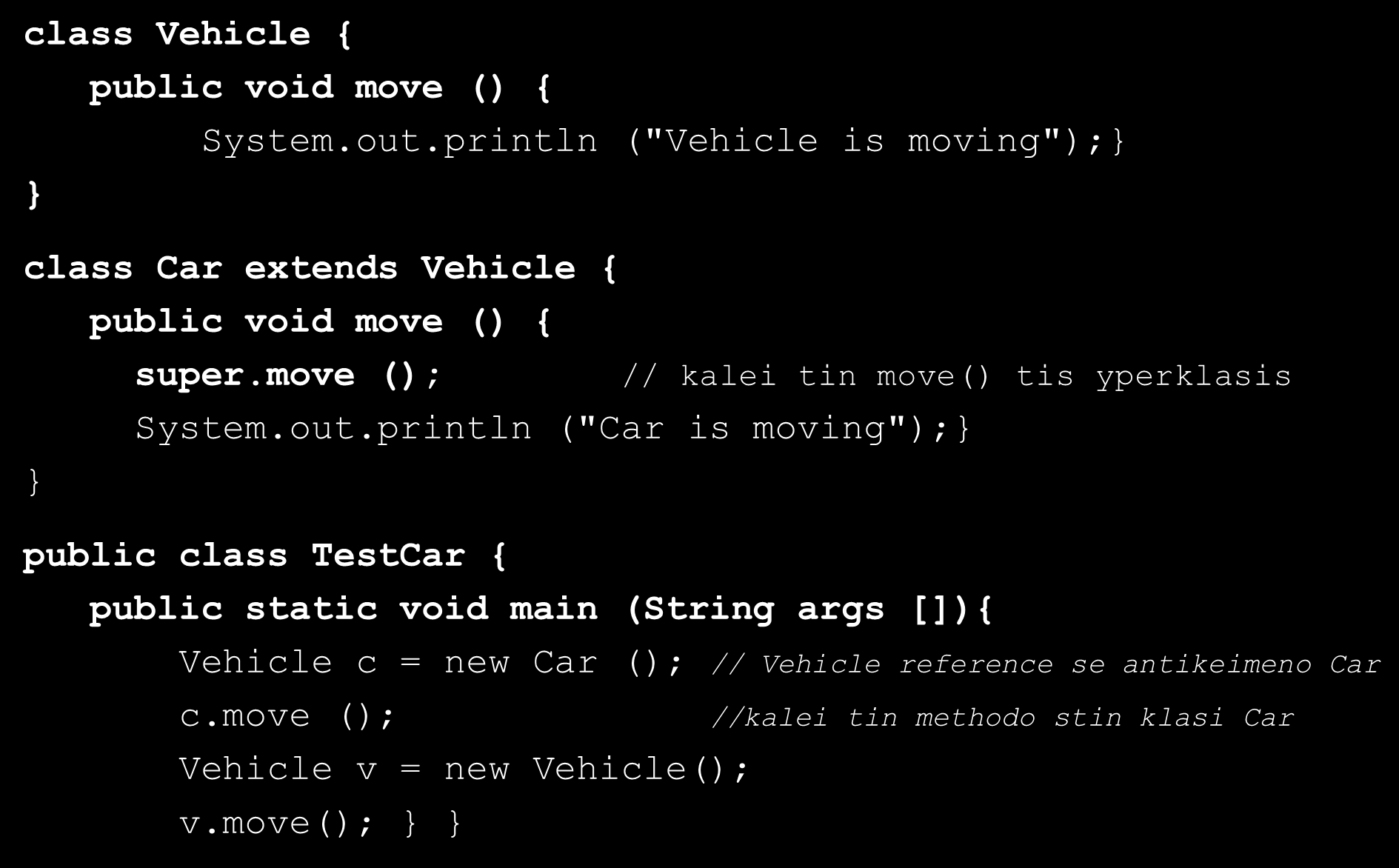 Υπέρβαση/Υπερκάλυψη Μεθόδων (Method Overriding) (4/6) class Vehicle { public void move () { System.out.println ("Vehicle is moving"); class Car extends Vehicle { public void move () { super.