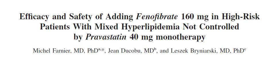 n=248 ασθενείς, τυχαιοποίηση σε feno / prava (160/40) [n=123] vs prava 40 [n=125] FENO/PRAVA PRAVA P LDL CHOL -11.7% -5.9% 0.