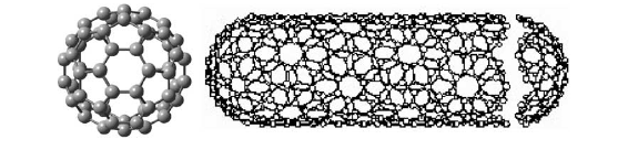 Σχήμα 1.1: Ιδανική δομή (α) του C 60 και (β) ενός SWCNT (μονοφλοιϊκού νανοσωλήνα άνθρακα).