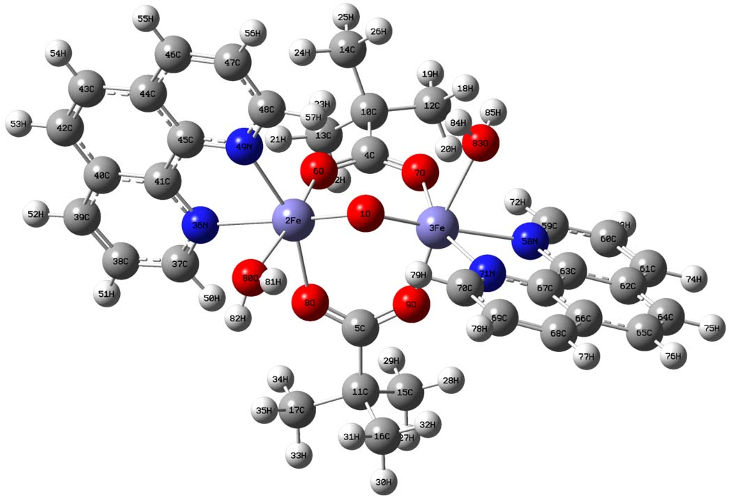 Σχήμα 7.3. Δομή του συμπλόκου ιόντος [Fe 2 O(CΗ 2 FCOO) 2 (phen) 2 (H 2 O) 2 ] 2+.