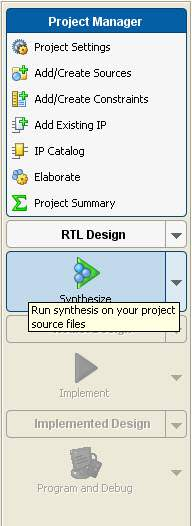 Σχήμα 2.11. Παράθυρο διαχείρισης έργου. Η διαδικασία της σύνθεσης ξεκινάει πατώντας Synthesize κάτω από το πεδίο RTL Design. Με το παράθυρο του σχήματος 2.