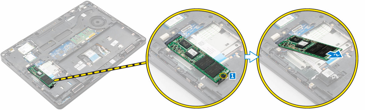 Εγκατάσταση της προαιρετικής PCIe SSD 1. Περάστε τον συνδετήρα της SSD μέσα στην υποδοχή του επάνω στον υπολογιστή. 2. Σφίξτε τη βίδα για να στερεώσετε τον συνδετήρα της SSD στον υπολογιστή. 3.