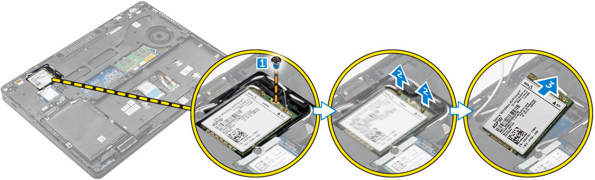 Εγκατάσταση της κάρτας WLAN 1. Περάστε την κάρτα WLAN μέσα στην υποδοχή της επάνω στον υπολογιστή. 2. Περάστε τα καλώδια της κάρτας WLAN στη διαδρομή τους μέσα από το κανάλι της. 3.