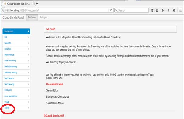 Εικόνα 14: Cloud Benchmark tool Οι χρήστες επιλέγοντας το σύνδεσμο «3ALIB» μπορούν να ενεργοποιήσουν μία νέα διεργασία Ελεγκτή Διαθεσιμότητας (Availability Auditing) μέσω της κλάσης