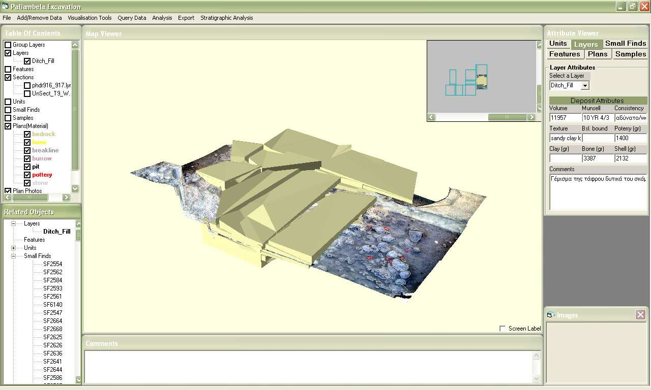 Παράδειγµα εργασίας 219 Αρχείο ανασκαφής Παλιαµπέλων IX) ) Οπτικοποίηση σχετικών Μικρών ευρηµάτων Με τις ενέργειες αυτές ο χρήστης συγκρότησε µια νέα ενοποιηµένη επίχωση-στρώµα που ταυτίζεται µε το