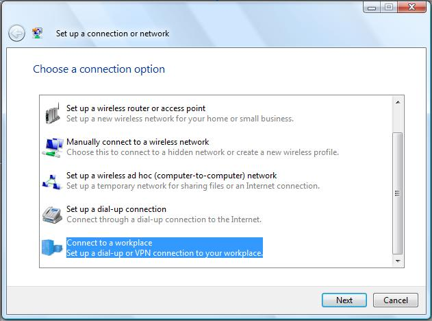 5. Επιλογή Connect to a WorkPlace (Set up a dialup or VPN