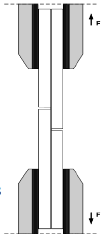 Σχήμα 8. Το δοκίμιο τοποθετημένο στους ειδικούς σφικτήρες Το δοκίμιο τοποθετήθηκε στους ειδικούς υποδοχείς (λαβές) της μηχανής αντοχής, οι οποίοι το συγκρατούσαν σταθερό όπως φαίνεται στο σχήμα 8.