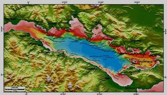 ΔΕΡΒΕΝΙ Εικόνα 3.1.3.1. Τρισδιάστατος βυθομετρικός και τεκτονικός χάρτης του Κορινθιακού Κόλπου (Stefatos et al.