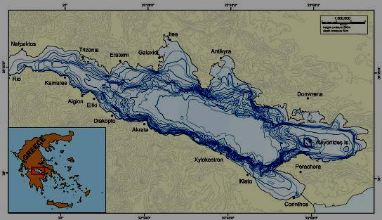 COASTAL DELTA LANDSLIDES FAULT CONTROLLED LANDSLIDES Εικόνα 3.1.2.1. Βυθομετρικός χάρτης του Κορινθιακού Κόλπου. Ισοβαθείς ανά 50μ.