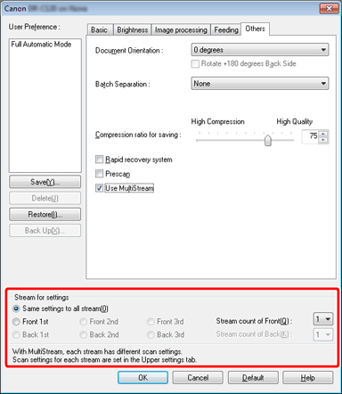 Εάν θέλετε να χρησιμοποιήσετε τις ρυθμίσεις multistream για σάρωση, στην καρτέλα [Others] [Άλλα] ενεργοποιήστε το πλαίσιο ελέγχου [Use MultiStream] [Χρήση MultiStream] για να εμφανίσετε τα στοιχεία