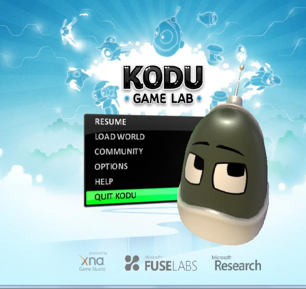 3.1.3 Δομή του Kodu Το Kodu διακζτει ζνα εφχρθςτο κεντρικό μενοφ επιλογϊν, το οποίο είναι αρκετά εφκολο ςτθ χριςθ και για τουσ μακθτζσ (Εικόνα 1).