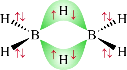 Väzbový uhol H t B H t (122 o ) nasvedčuje, že k ich tvorbe prispieva nielen p-orbitál, ale čiastočne aj s-orbitál B.