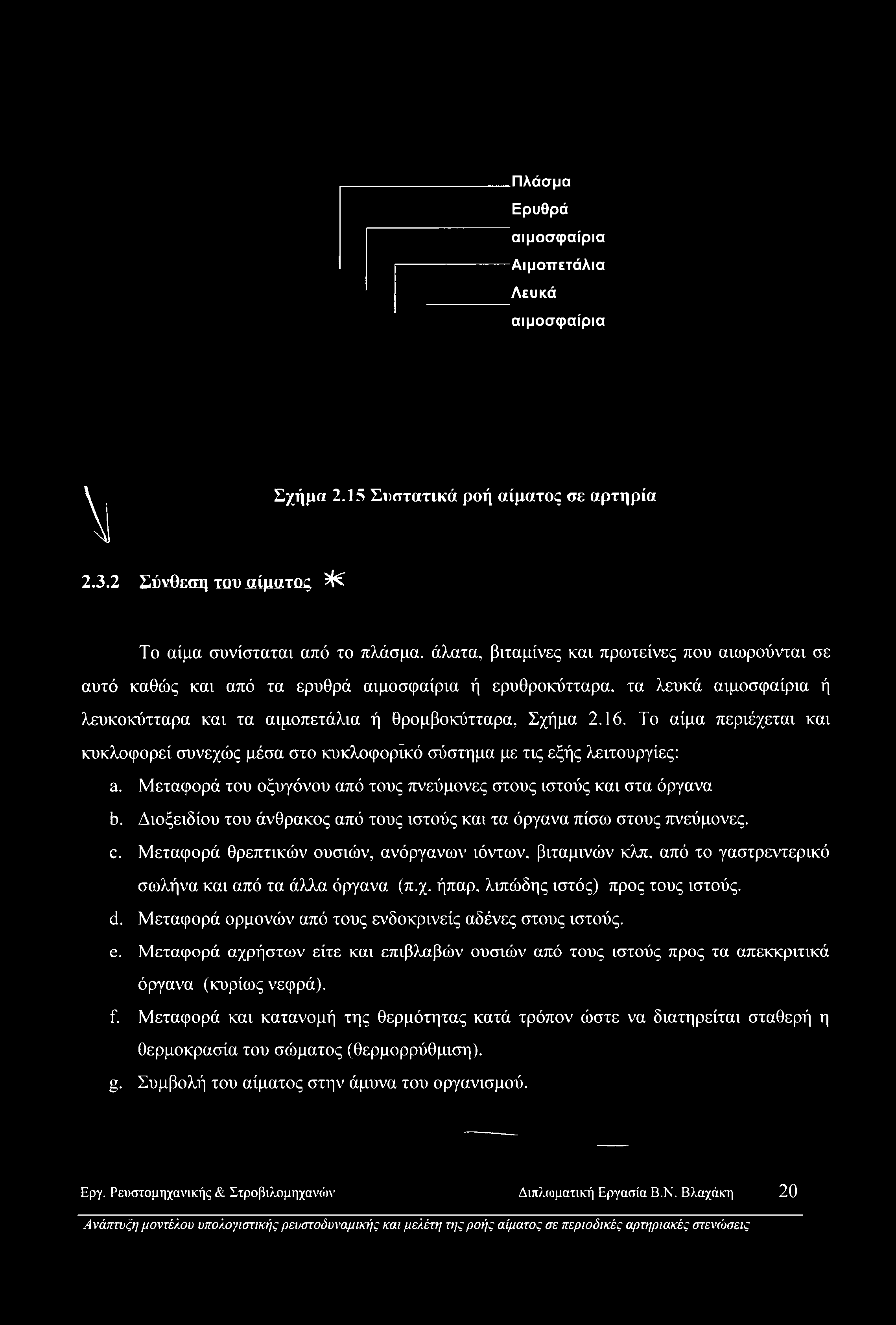 τα λευκά αιμοσφαίρια ή λευκοκύτταρα και τα αιμοπετάλια ή θρομβοκύτταρα, Σχήμα 2.16. Το αίμα περιέχεται και κυκλοφορεί συνεχώς μέσα στο κυκλοφορικό σύστημα με τις εξής λειτουργίες: a.