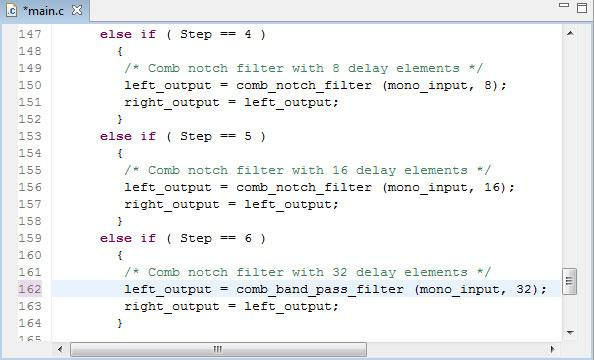 6.5.1 Αλλαγή notch comb filter σε bandpass comb filter Τα notch comb filters που καλούνται σε καθένα από τα 5 σενάρια του προγράμματος main.c ή του προγράμματος main1.